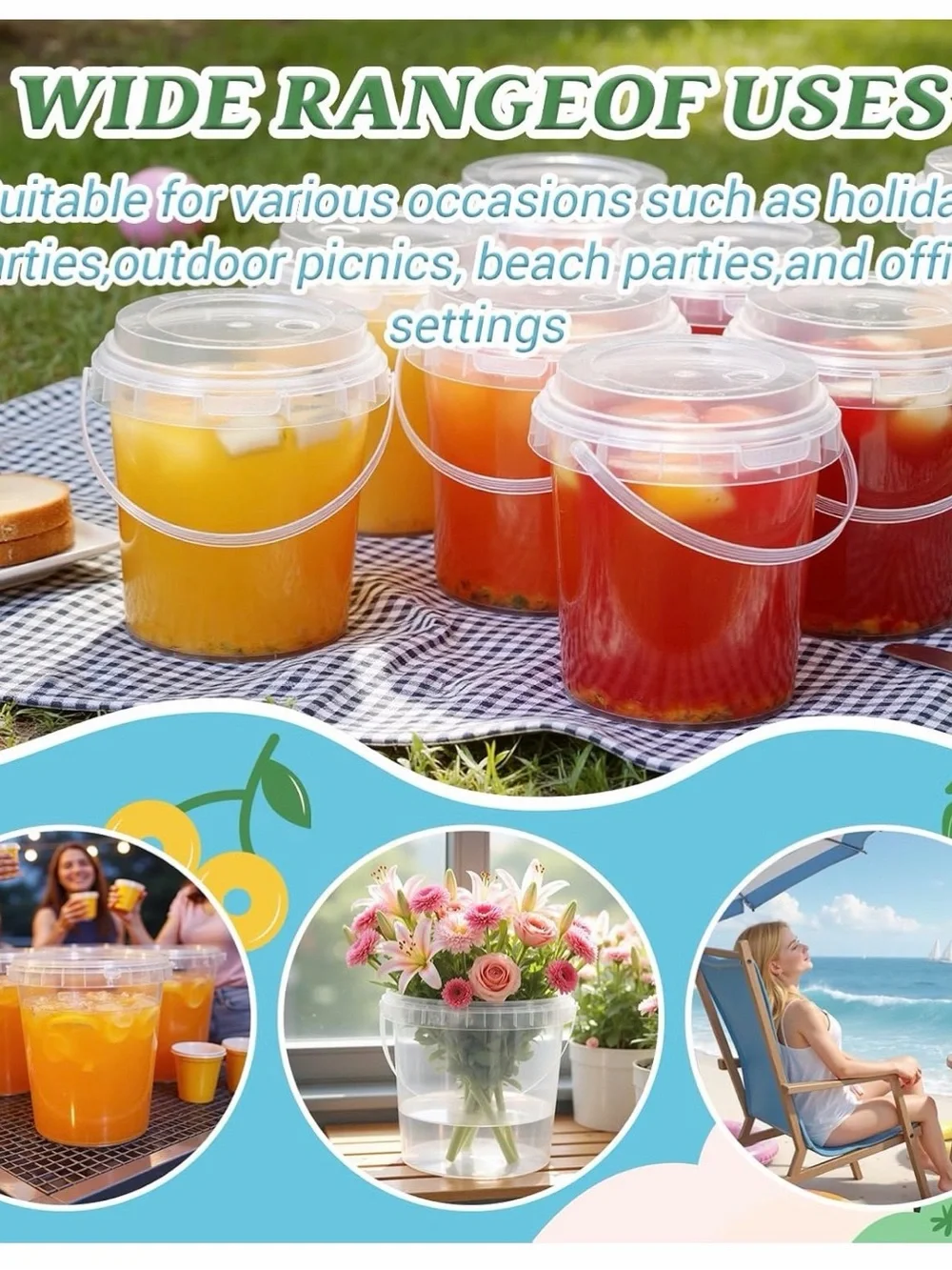 Clear Disposable Party Drink Buckets with Lids & Straws - 8 Pack